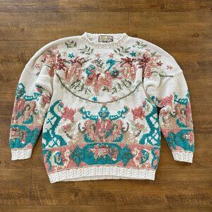 Vintage Womens 3D Knit Sweater Size Medium Multicolor Artsy Floral Abstract 80s
